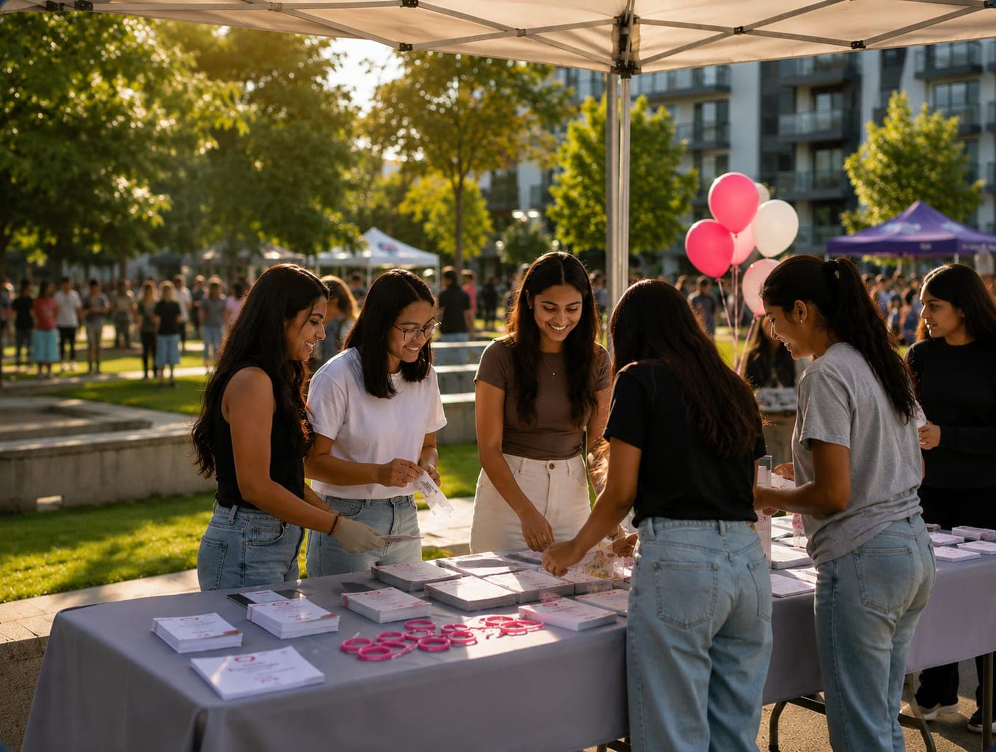 Young people gathered around a Solid Hearts information table under a marquee at an outdoor awareness campaign