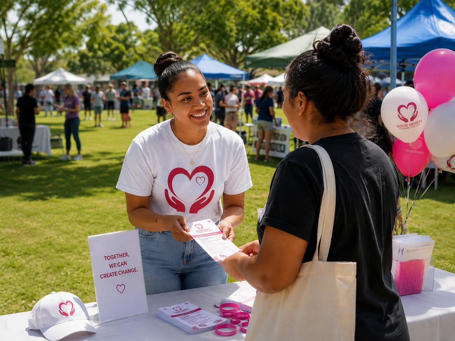 A Solid Hearts volunteer in a branded T-shirt handing an information leaflet to a woman at a community event stall in a park