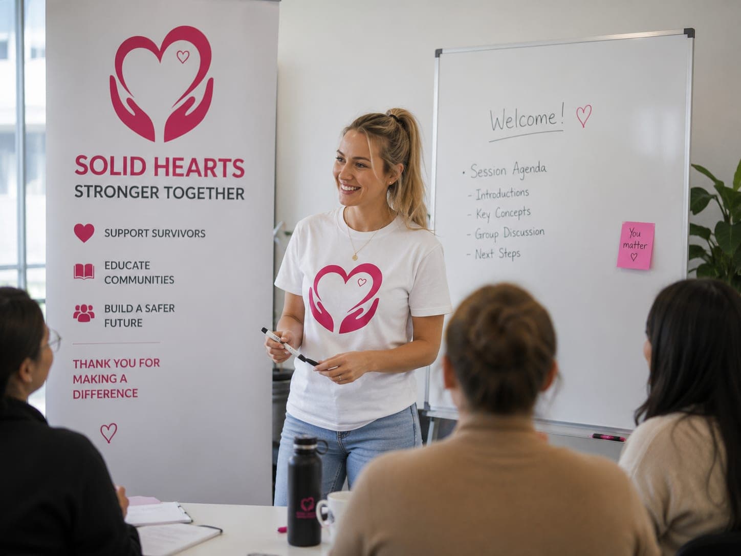 A facilitator standing at a whiteboard headed 'Welcome!', setting up a Solid Hearts session
