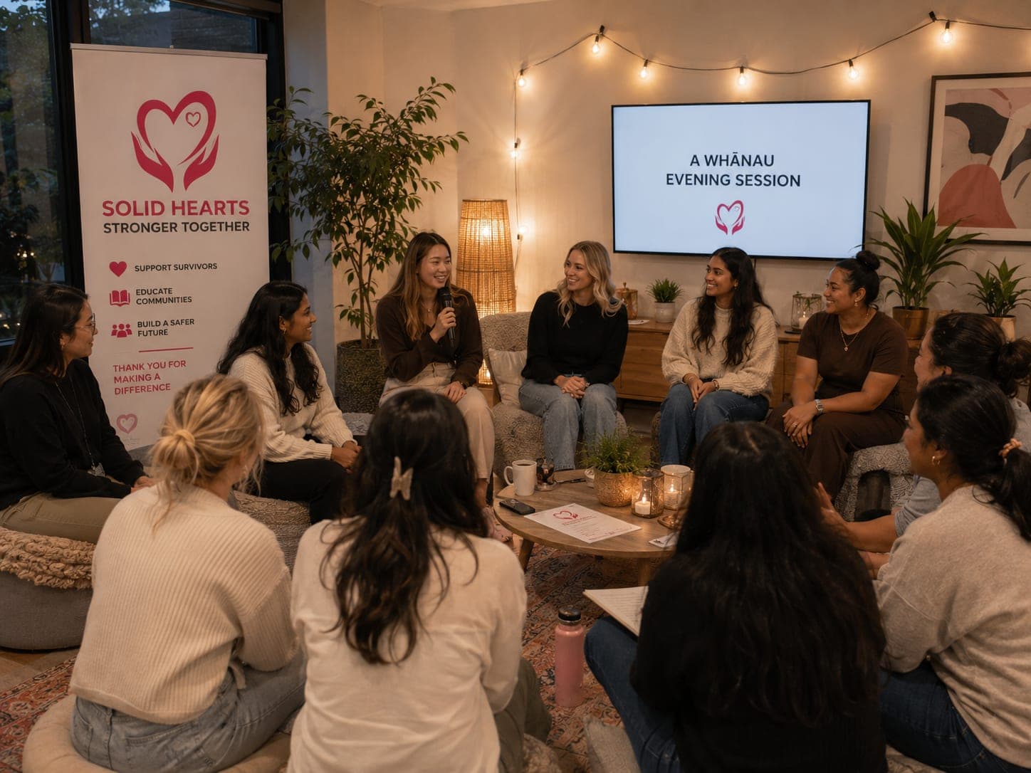 A small group sitting in a circle at a Solid Hearts whānau evening